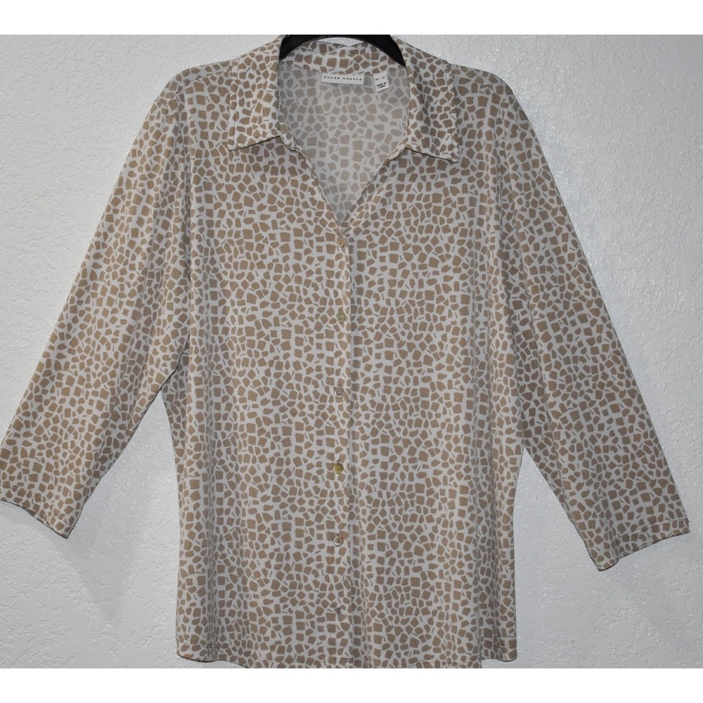 Susan Graver XL Stretch Blouse Button Front Mosaic Print 3/4 Sleeve Tan White - Picture 8 of 16